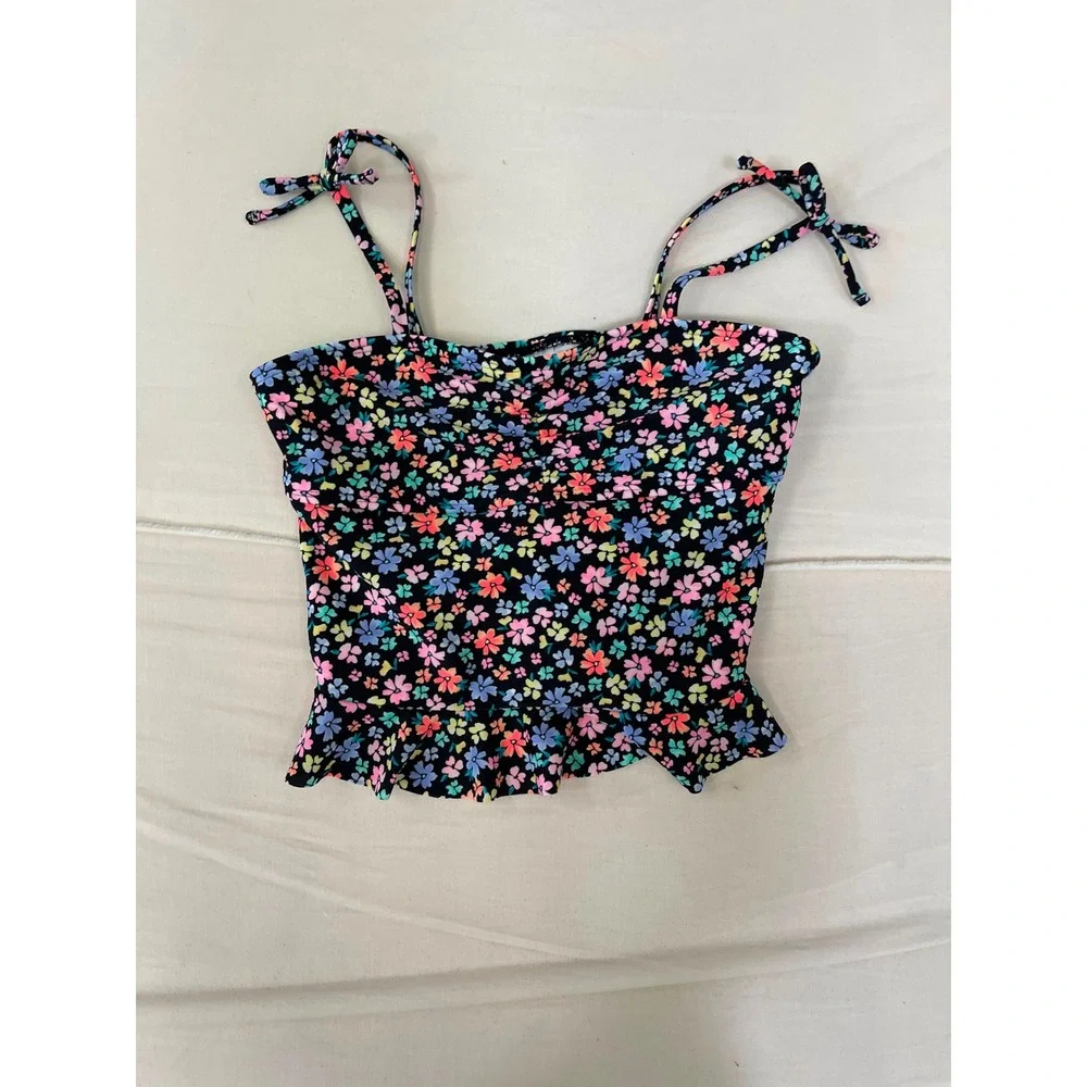 Girls Floral Ruffle Tankini Swim Top Black Multi Color Tie Strap Swimwear